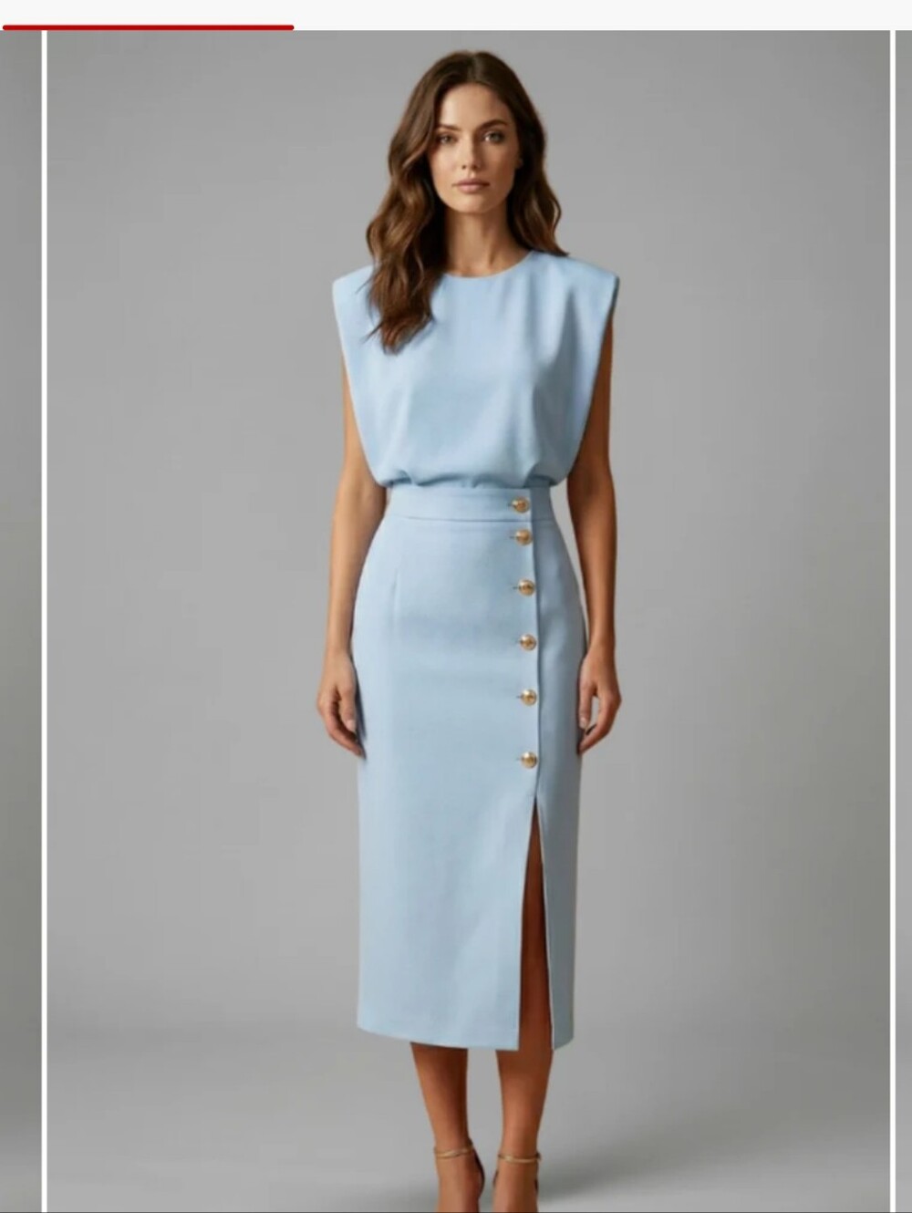 NEW Pale Blue Women's Midi Dress With Round Neck And Button Slit